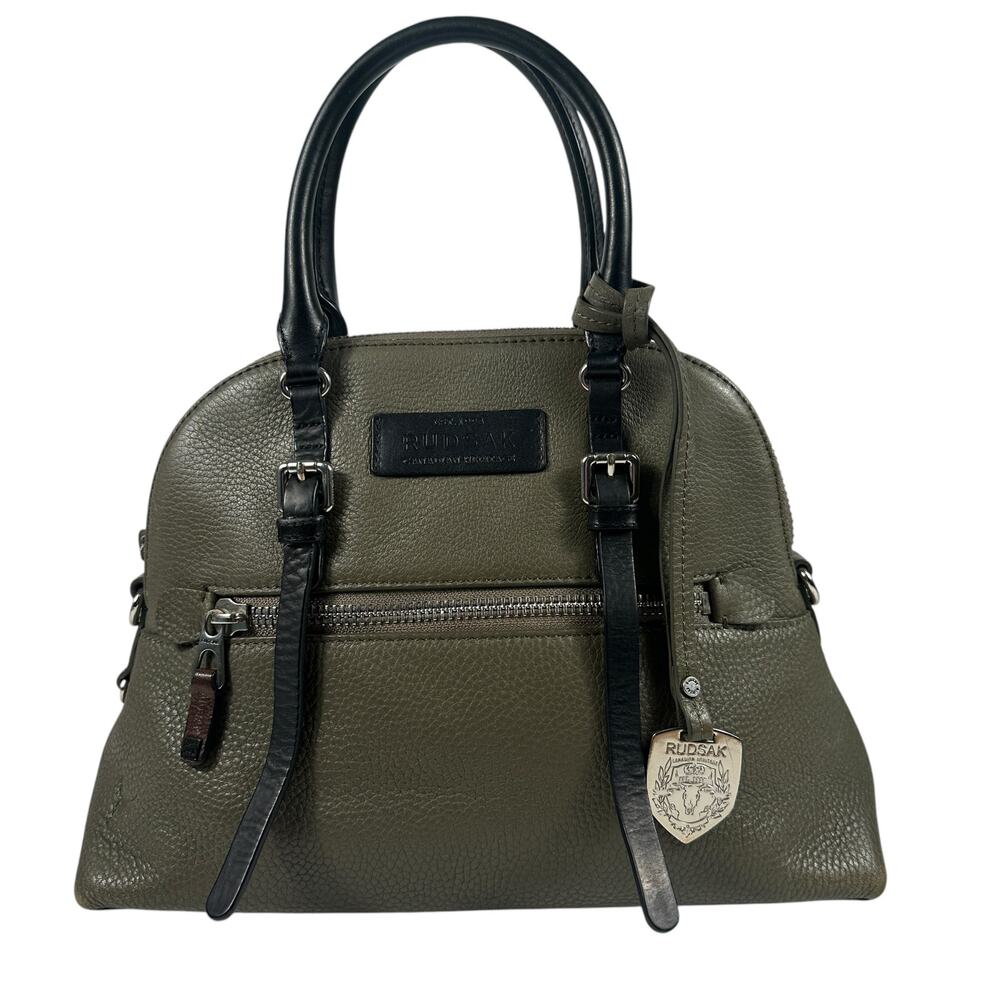 RUDSAK Genuine Leather Pebbled Moss Green Black Top Handle Satchel Shoulder Bag